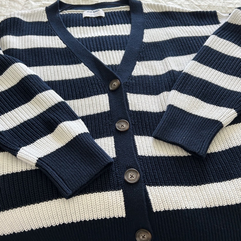 Old Navy Navy Blue and White Striped Knit Cardigan
